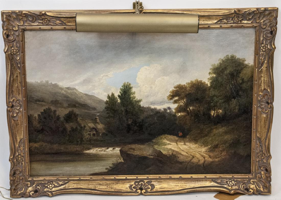 Antique 19th C British School Landscape Painting: Antique 19th C British School Landscape Painting. Antique 19th century British School Victorian Era oil painting on canvas in carved gilt wood frame with display light. John Constable style landscape