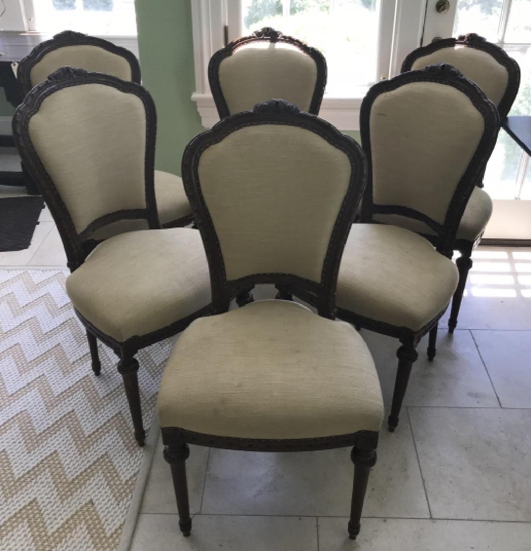 Set of Six Antique French Style Dining Chairs: Set of Six Antique French Style Dining Chairs. Carved framed and upholstered seats and backs. Some needing repair. Each measures 39 x 20 x 17 inches. Property of a Historic Greenwich, Connecticut esta