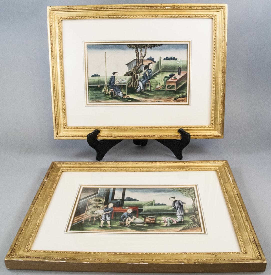 Pair Antique Engravings Chinese Silk Making Framed (1 of 8)