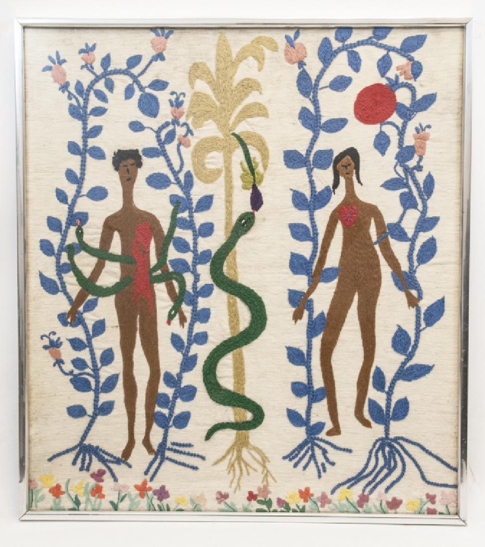 Mid C Haitian Textile Embroidered Adam & Eve: Mid C Haitian Textile Embroidered Adam & Eve. This mid century framed Haitian textile features an embroidered scene of Adam & Eve being tempted by the serpent in the Garden of Eden. Measures 35 inches