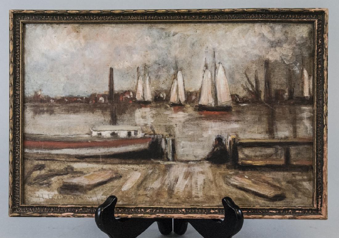 Original American Painting Dock Scene H B Johnson (1 of 5)
