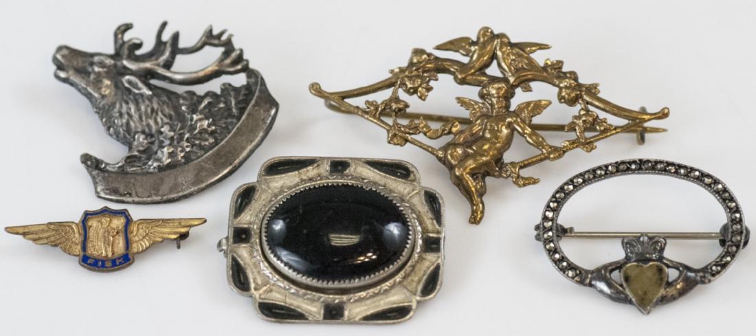 Collection of Antique & Vintage Brooches / Pins: Collection of Antique & Vintage Brooches / Pins. Including marcasite, enamel, deer / stag, cupid, claddagh.