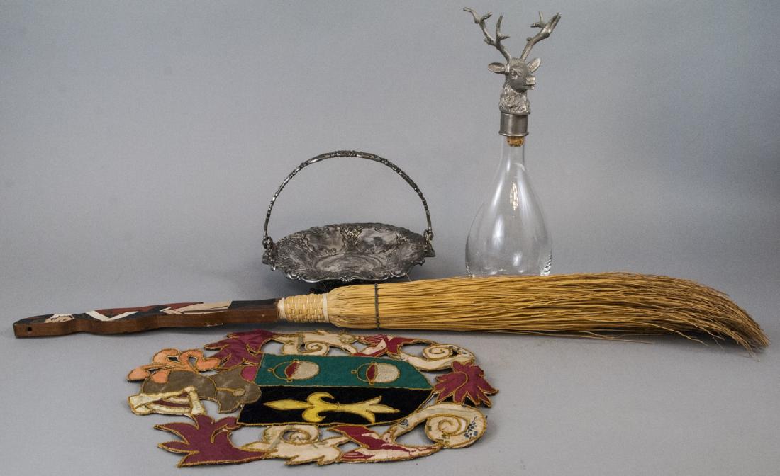 Lot of Vintage / Antique Decorative Objects: Lot of Vintage / Antique Decorative Objects. This lot features mixed maker, style, and period decorative objects. Includes one fireplace broom with figural British soldier handle, one glass bottle wit