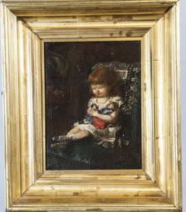 Percival De Luce Portrait Young Girl Oil Painting: 19th C Percival De Luce Signed Portrait Young Girl. This oil on board portrait of a redheaded girl with doll by artist Percival de Luce (American 1847-1914) is signed in the upper right corner and fea