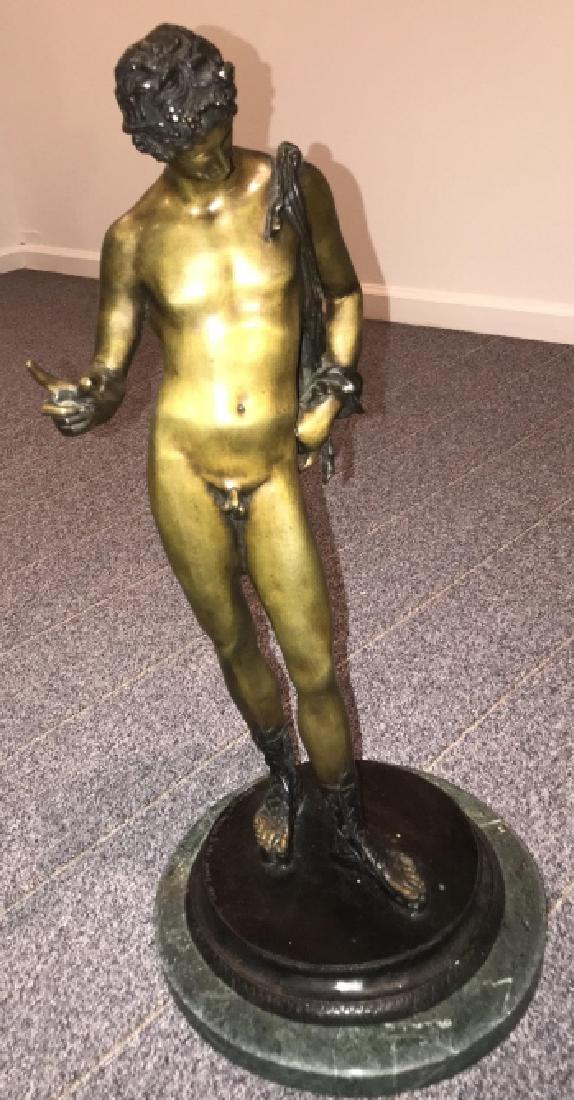 Bronze Statue of Narcissus After Sabatino Angelis: Bronze Statue of Narcissus After Sabatino Angelis. Male nude statue of Narcissus. Measures 23 inches in height. From a custom built and designer decorated New Canaan, Connecticut estate property.