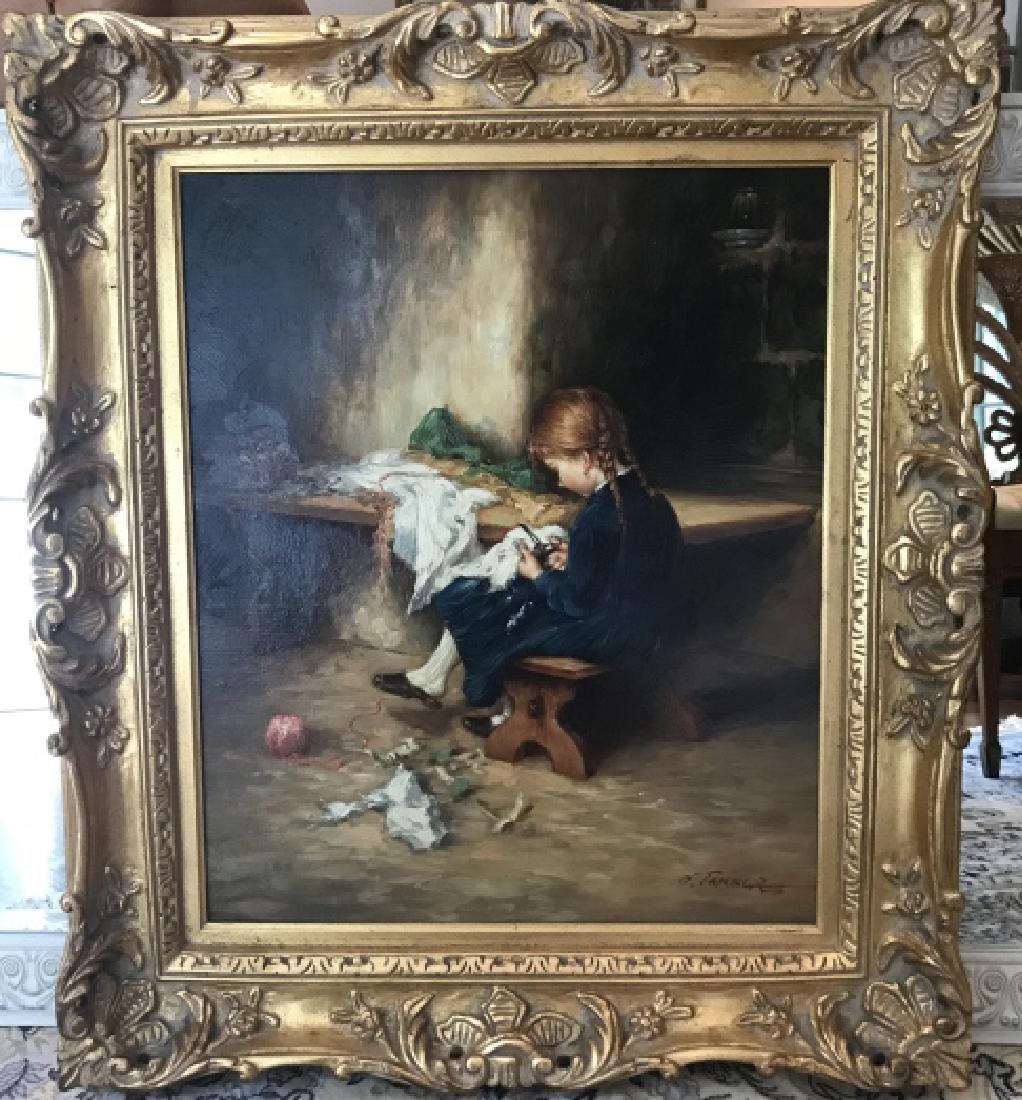 Framed Oil Painting Interior Scene w Girl Sewing (1 of 3)