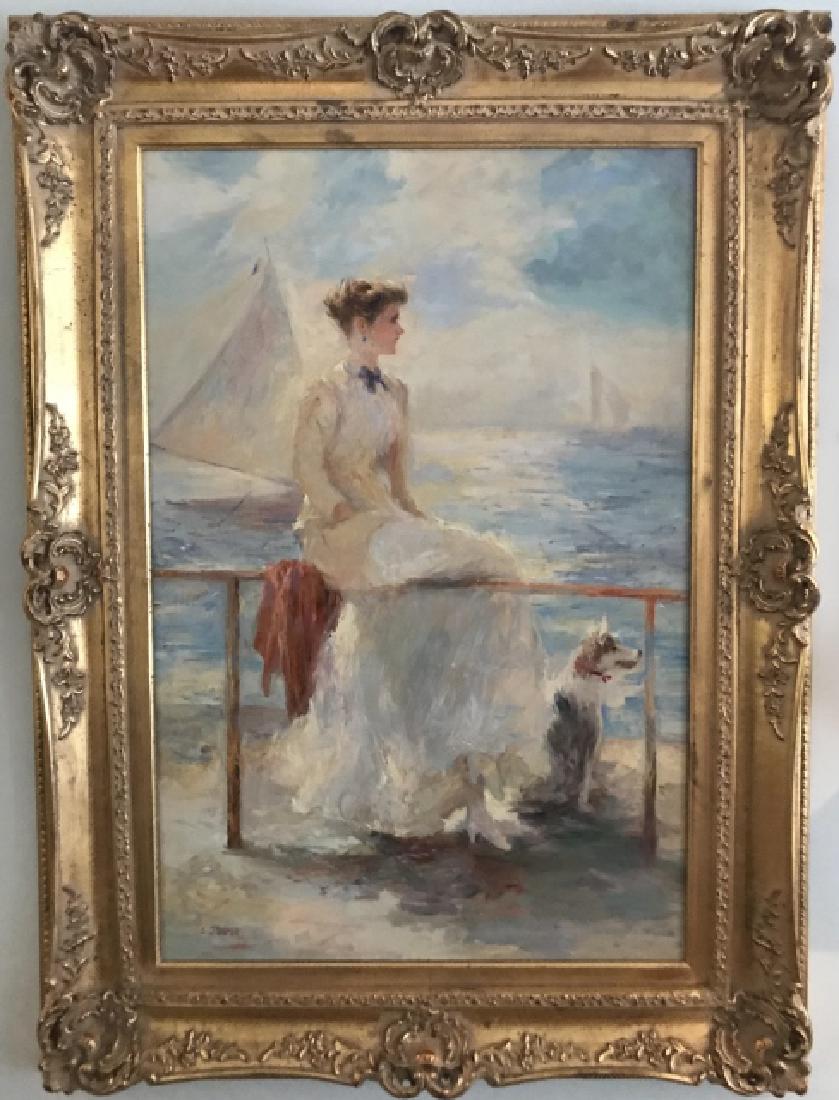 Framed Portrait Painting of a Lady w Her Dog (1 of 2)