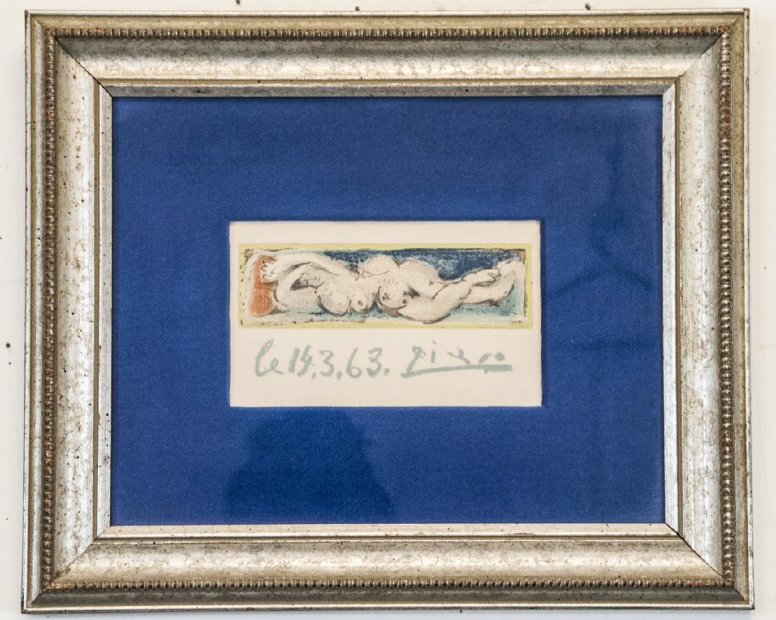 Pablo Picasso Lithograph Petite Nude Stone Signed: Pablo Picasso Lithograph Petite Nude Stone Signed. This stone signed lithograph titled "Petite Nude" by artist Pablo Picasso (Spanish, 1881 to 1973) depicts a modern / abstract reclining female nude. 