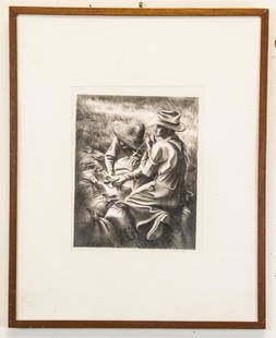 Joe Jones Missouri Wheat Farmers Lithograph Signed: Joe Jones Missouri Wheat Farmers Lithograph Signed. This mid century lithograph titled ''Missouri Wheat Farmers'' by artist Joe Jones (American 1909-1963)is signed in the lower right hand corner. Prof