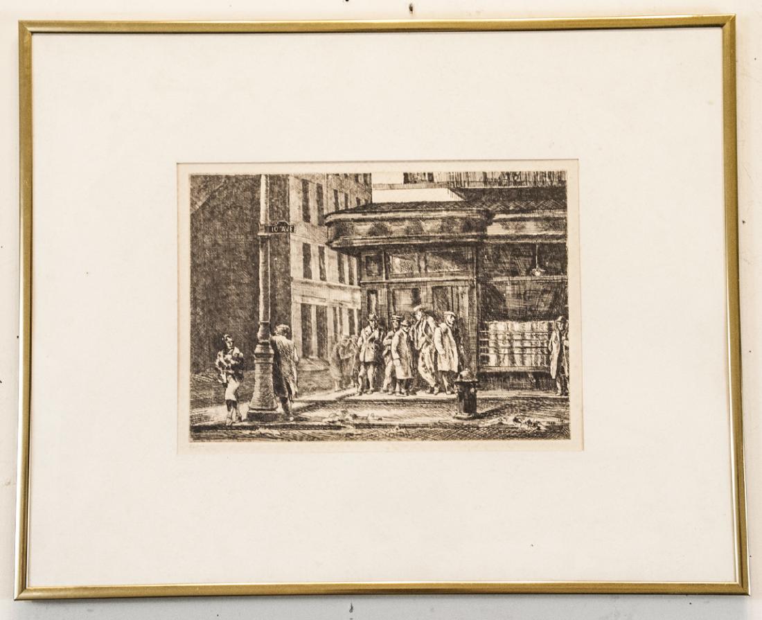 Reginald Marsh Etching NYC Street Scene: Reginald Marsh Etching NYC Street Scene. This etching depicting a New York City street scene by artist Reginald Marsh (American 1898-1954) is pencil numbered 34/100 in the lower left hand corner. Prof
