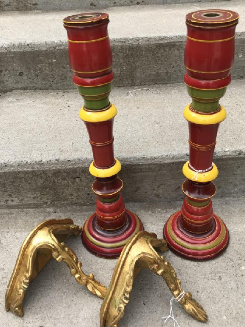 Pair of Painted Candlesticks & Gold Tone Brackets (1 of 2)