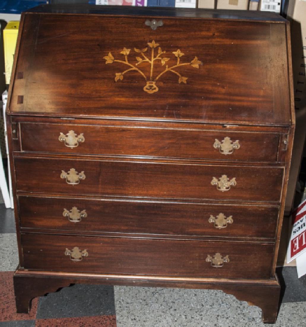 Antique Inlaid Design Slant Front Secretary Desk: Antique Inlaid Design Slant Front Secretary Desk. Measures 43 x 37 x 21 inches.