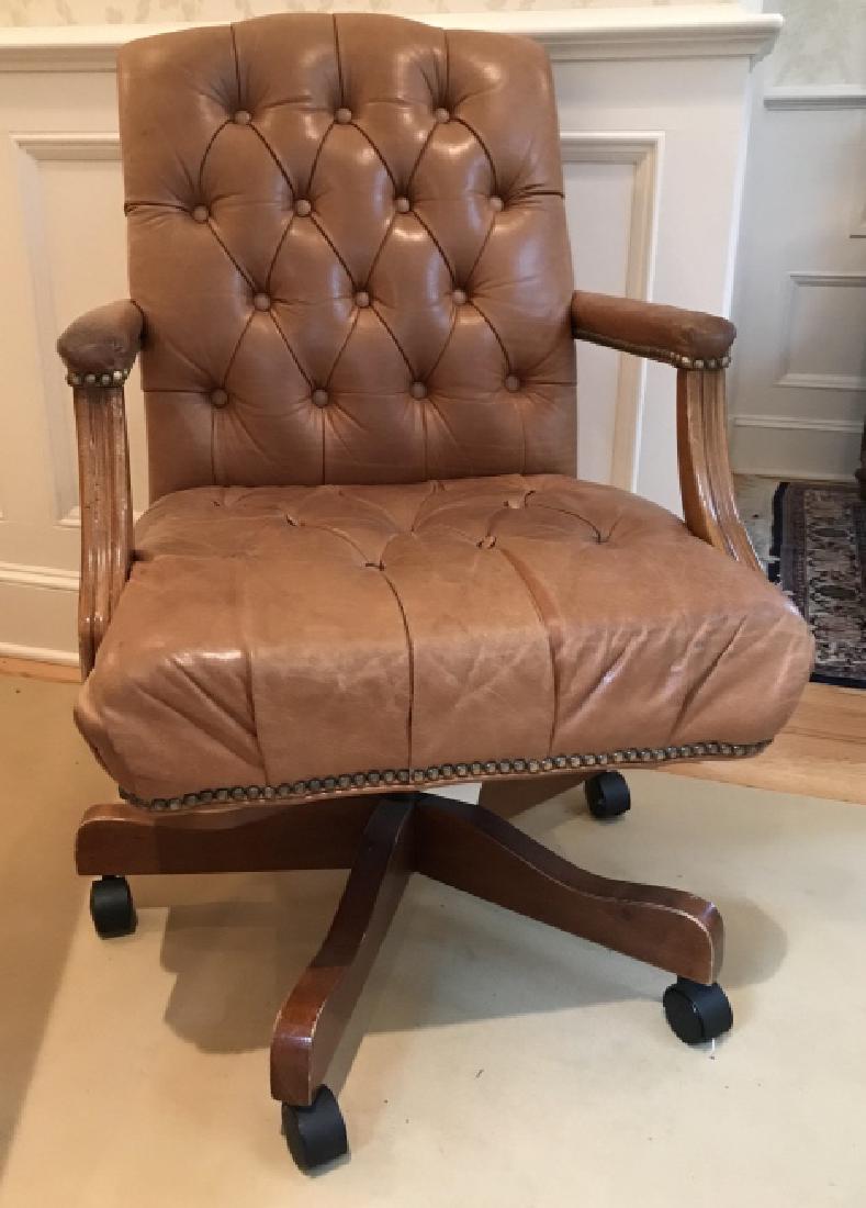 Tufted Brown Leather Desk Chair on Swivel Base (1 of 3)