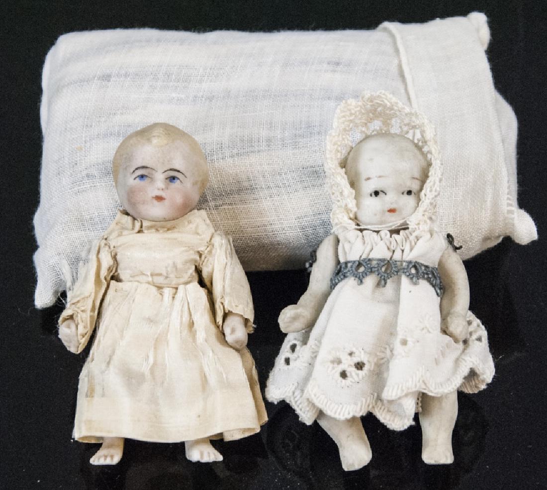 Two Antique All Bisque Dollhouse Size Dolls w Bed (1 of 4)