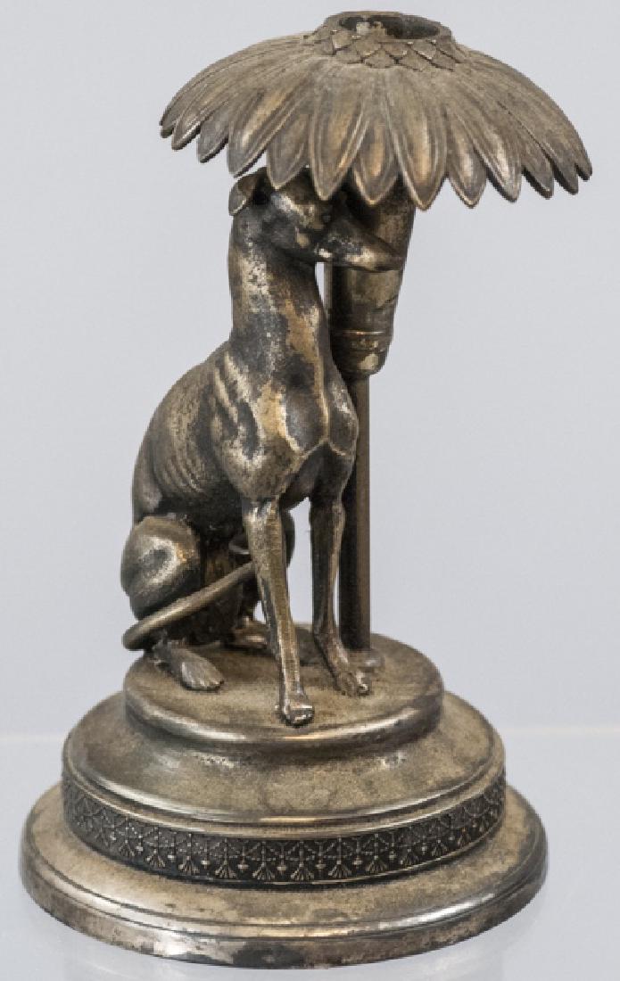 Antique Candlestick w Dog Statue at Base: Antique Candlestick w Dog Statue at Base. Measures 4.75 inches in height.