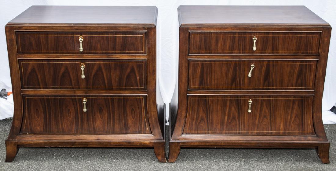 Pair Bob Mackie Transitional Veneer Nightstands: Pair Bob Mackie Transitional Veneer Nightstands. Rosewood color finish with veneer details, each nightstand features three drawers, by Bob Mackie Home. 31 inches x 30 inches x 18 inches.