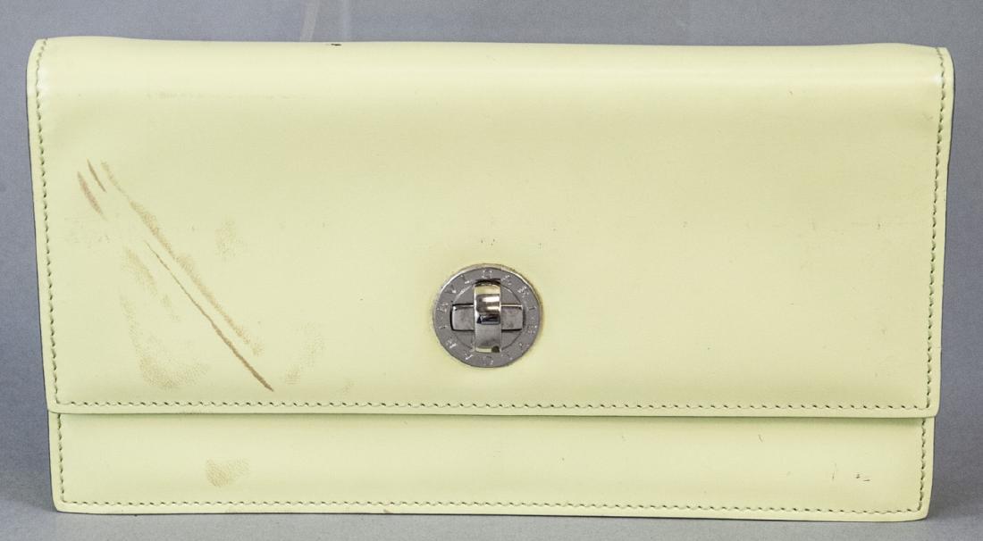 Bvlgari Green Leather Evening Bag / Clutch Purse: Bvlgari Green Leather Evening Bag / Clutch Purse. This vintage Bvlgari evening bag / clutch purse features a green leather exterior and black fabric lined interior with nickel toned hardware. Maker la