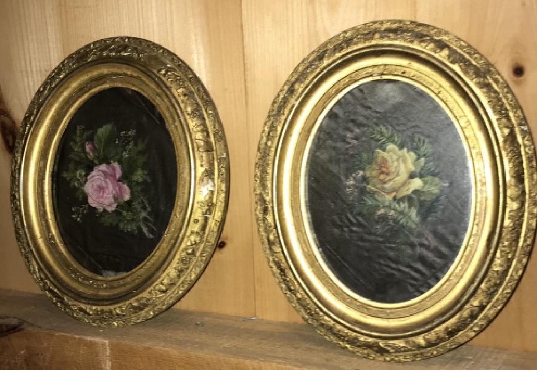 Pair Gilt Frame Victorian Floral Painting on Silk (1 of 3)