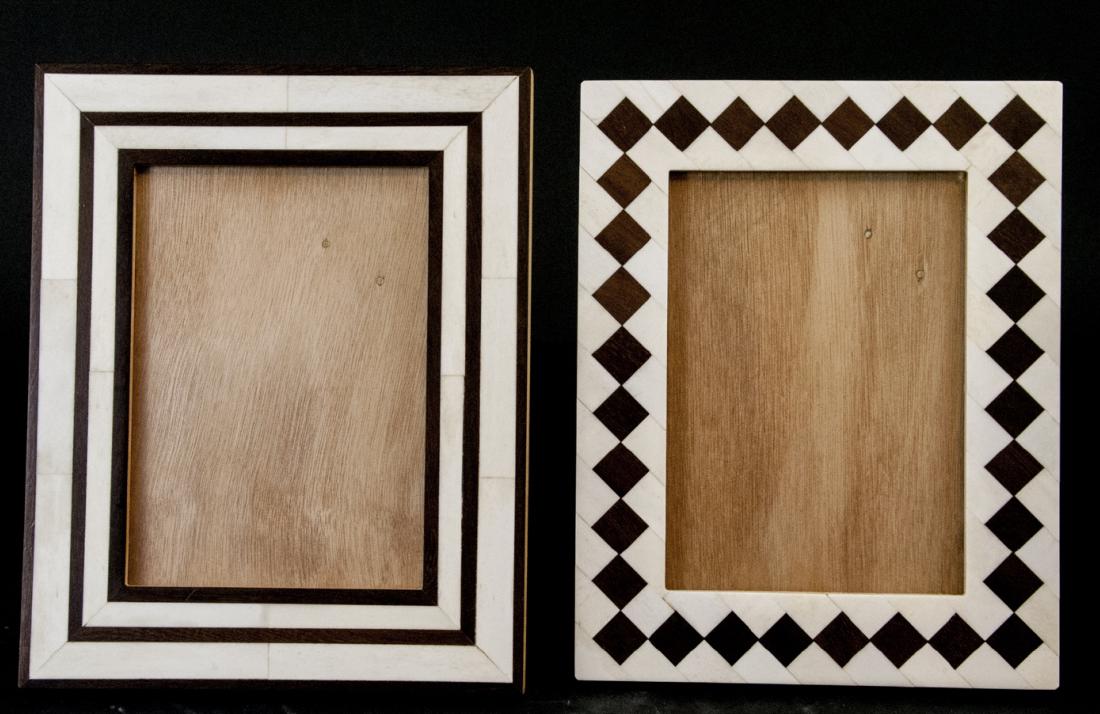Two Carved & Inlaid Bone Picture / Photo Frames: Two Carved & Inlaid Bone Picture / Photo Frames. Carved and mosaic inlaid bone and wood picture frames. Can hold photos of approximately 5 x 7 inches, larger frame measures 7.75 x 10 inches. Marked Ma