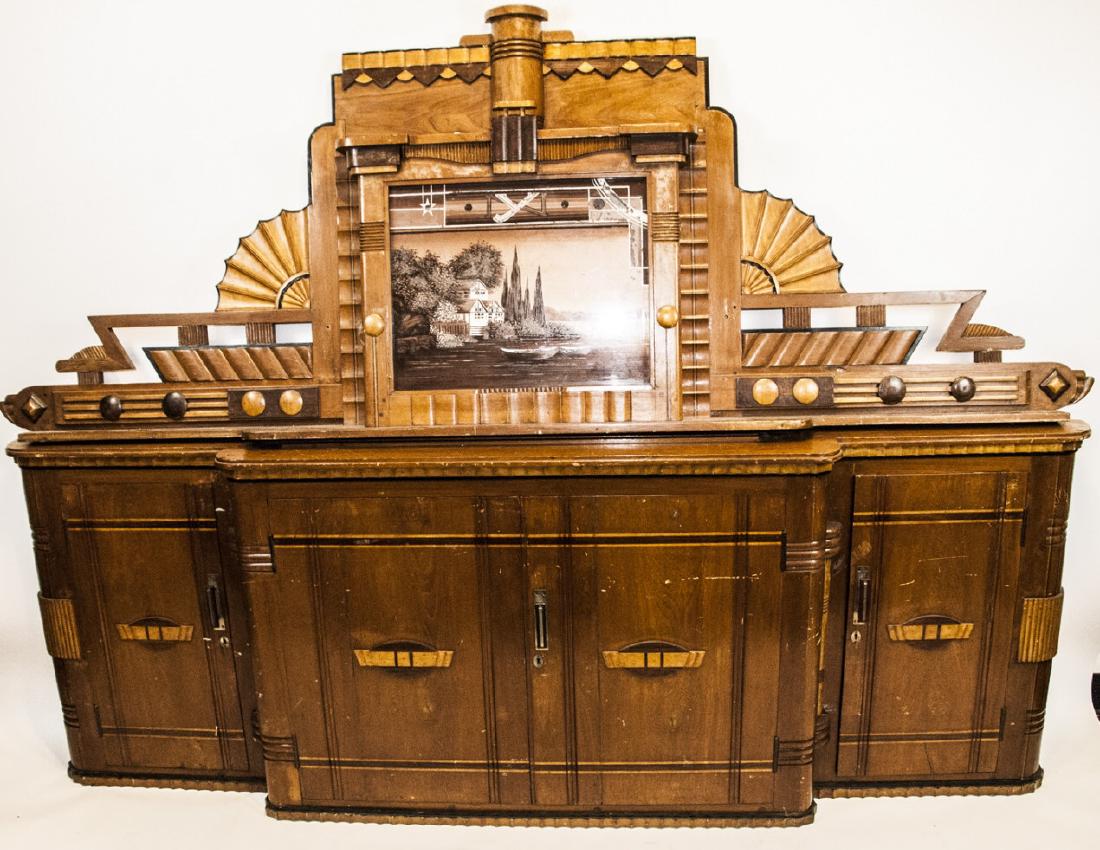 Art Deco Hand Carved Mantel Architectural Salvage: Art Deco Hand Carved Mantel Architectural Salvage. Maple, ebony and mahogany with banded inlay. 2 pieces. Top part is mirrored and hand painted with water scape. Features hand carved geometric pattern