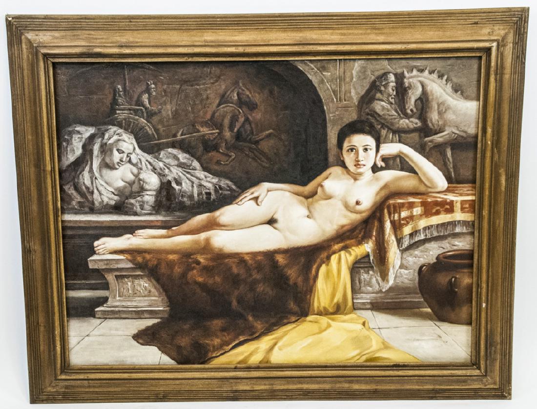 Reclining Female Nude / Odelesque Oil on Canvas: Reclining Female Nude / Odelesque Oil on Canvas. This oil on canvas painting of a reclining female nude or odelesque features Asian and classical Madonna relief carvings in the background. The figure 