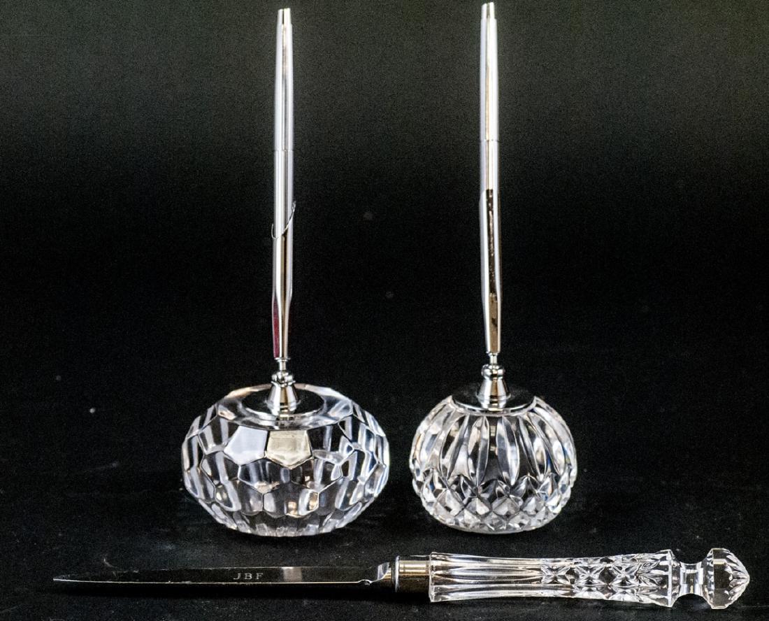 Waterford Pair of Pen / Pen Holders, Letter Opener: Waterford Pair of Pen / Pen Holders, Letter Opener. 2 pen sets with crystal bases and crystal handled letter opener. Pen holders carry the Waterford mark, the letter opener does not. 8 inches x 3 inch