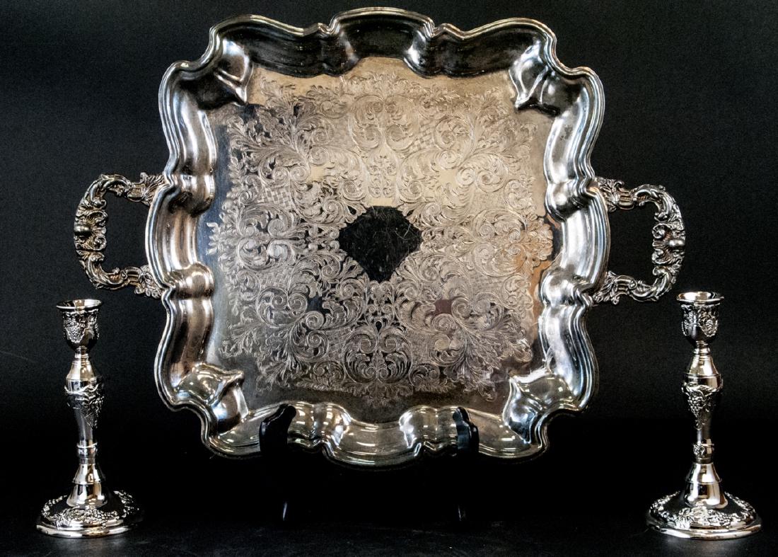 Silver Plate Serving Tray & Pair of Candlesticks (1 of 6)