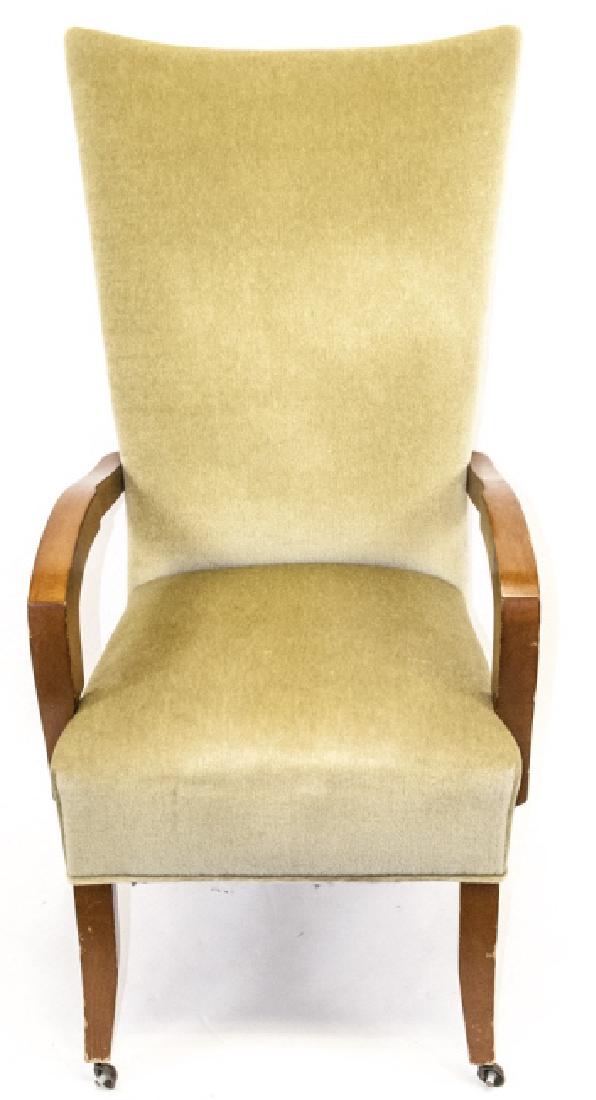 Mid Century Celadon Mohair High Back Arm Chair: Mid Century Celadon Mohair High Back Arm Chair. Maple arms and legs on casters. 43 inches x 23 inches x 20 inches