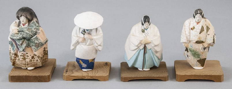 Vintage Japanese Bisque Hakata Kabuki Dolls: Vintage Japanese Bisque Hakata Kabuki Dolls, Collection includes 4 Kabuki figures in costume on wooden stands. Dolls are 4 inches tall.