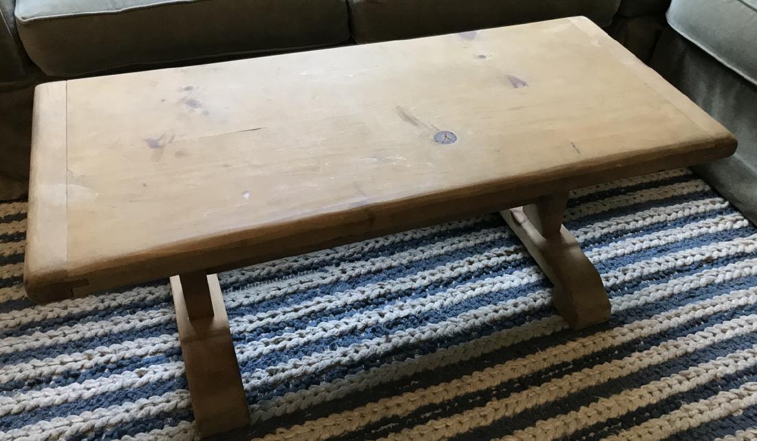 Country Style Distressed Pine Wood Coffee Table: Country Style Distressed Pine Wood Coffee Table. Measures 17 x 43 x 20 inches. Property of a Riverside Greenwich, CT estate.
