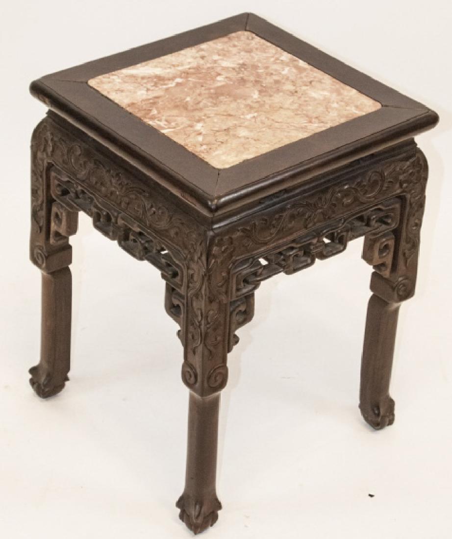 Asian Carved Rosewood & Rouge Marble Side Table (1 of 7)