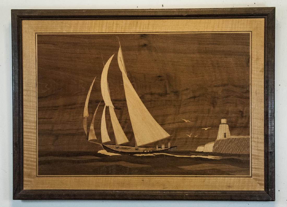 Vintage Inlaid Wood Sailboat Scene Artwork (1 of 4)
