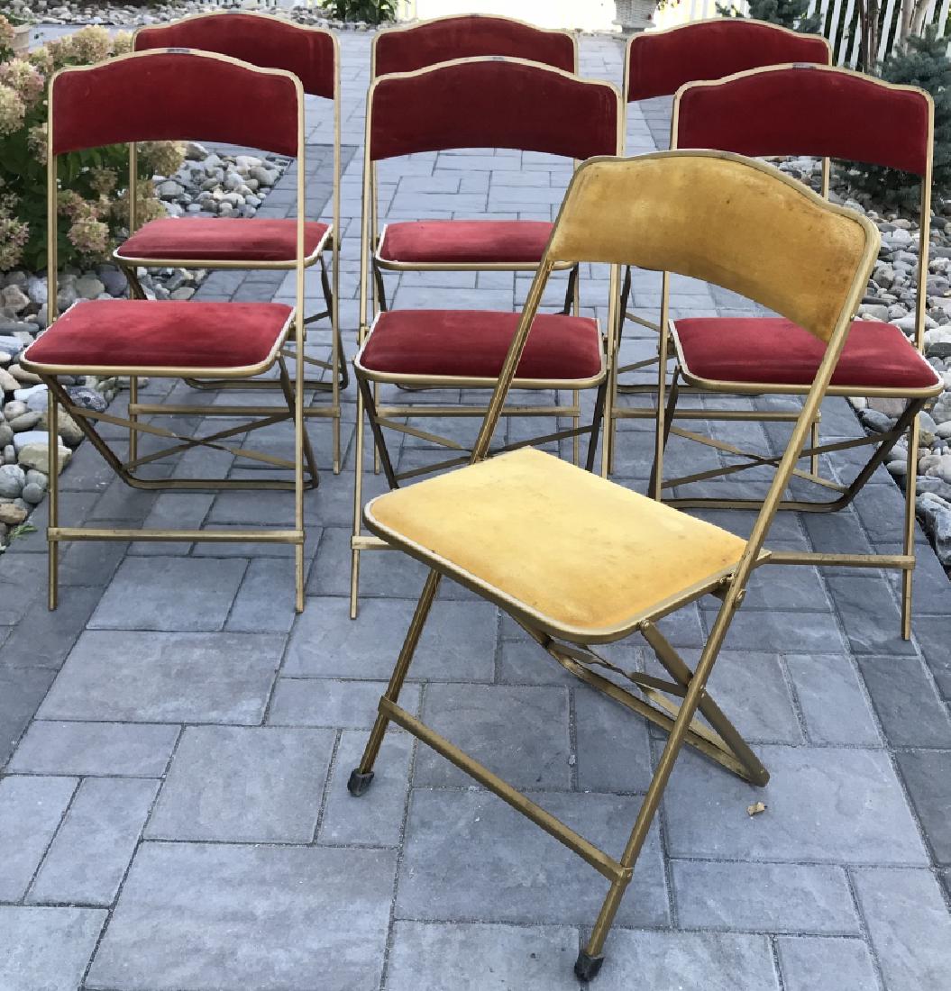 Mid C Brass & Velvet Folding Theater Chairs Fritz: Mid C Brass & Velvet Folding Theater Chairs Fritz. This lot includes seven mid century folding theater chairs having brass construction with velvet upholstery on the seat and back splat by A. Fritz & 