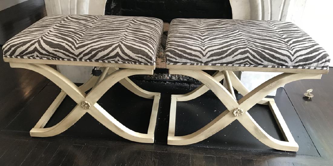 Pair Contemporary Pickled Wood Zebra Print Benches