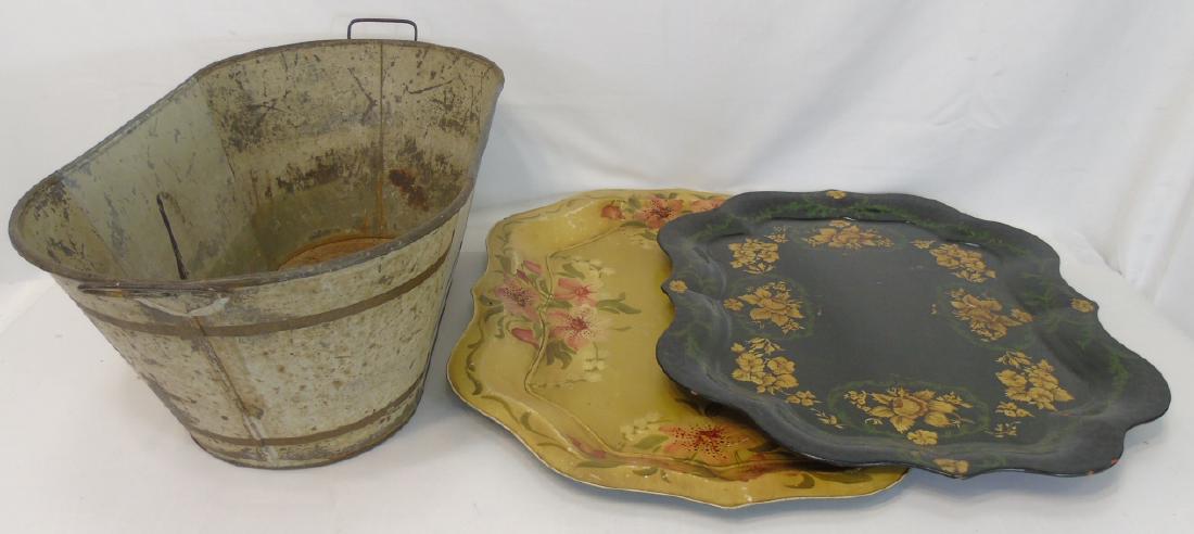 2 Antique Tole Metal Trays & Large Painted Bucket (1 of 6)