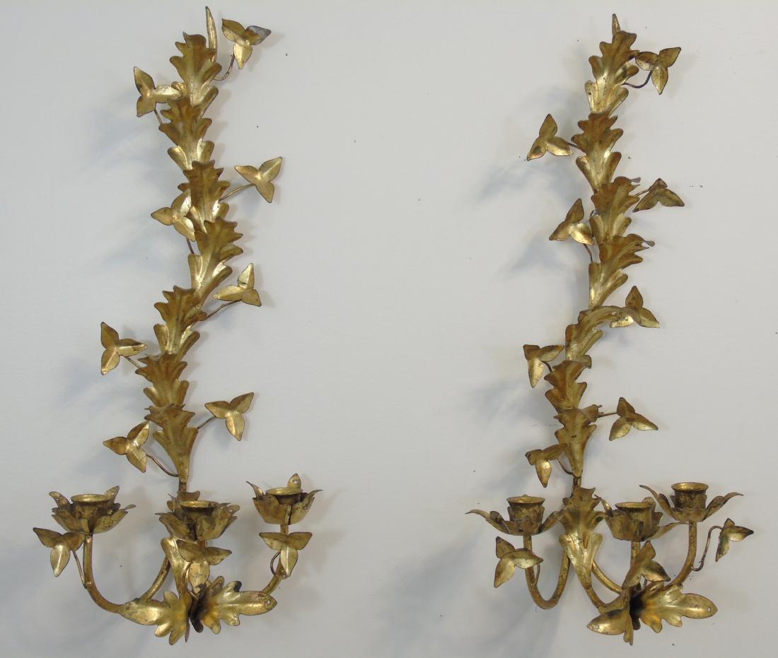 Pair Gilt Metal Floral Candle Sconces (1 of 4)