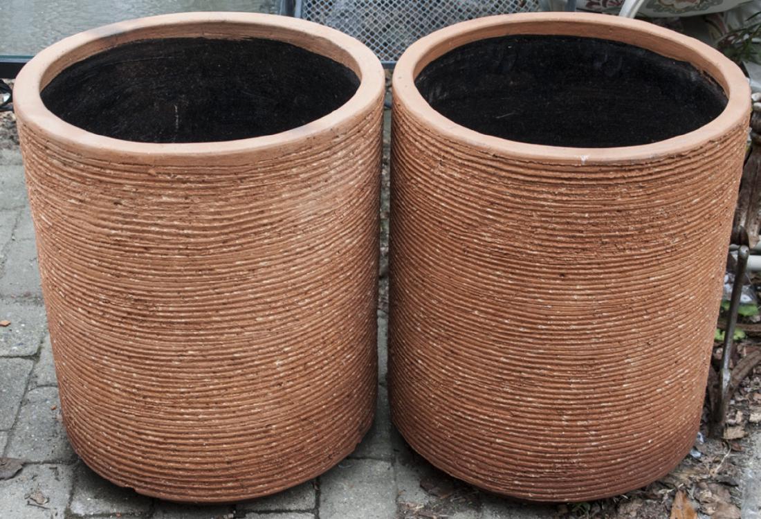 Pair Contemporary Terra Cotta Cylindrical Planters (1 of 4)