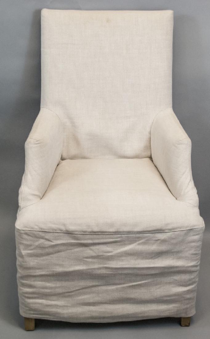 Slip Covered Slipper Chair Restoration Hardware: Slip Covered Slipper Chair Restoration Hardware. Muslin covered form under linen blend slipcover. 41 inches x 25 inches x 25 inches