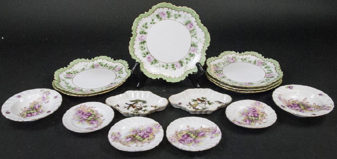 Lot of Antique 19th C Bavarian Porcelain Plates: Lot of Antique 19th C Bavarian Porcelain Plates. This lot features mixed pieces of antique 19th century Bavarian porcelain, including one set of 6 lunch / salad plates by Monbijou featuring a rose mot
