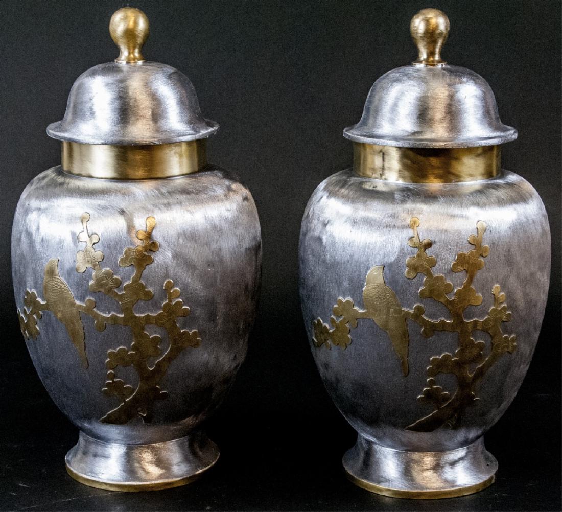 Pair Brass & Nickel Asian Style Lidded Urns (1 of 7)