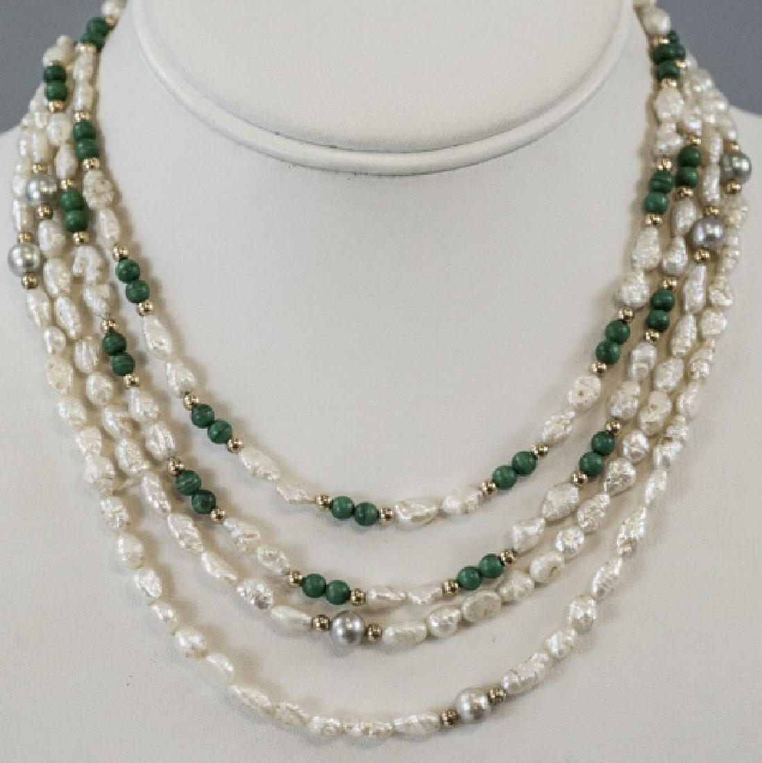 Vintage 14kt Gold Baroque Pearl Malachite Necklace: Vintage 14kt Gold Baroque Pearl Malachite Necklace & Baroque Seed Pearl Necklace. Malachite strand measures 31 inches and clasp is hallmarked 14kt.