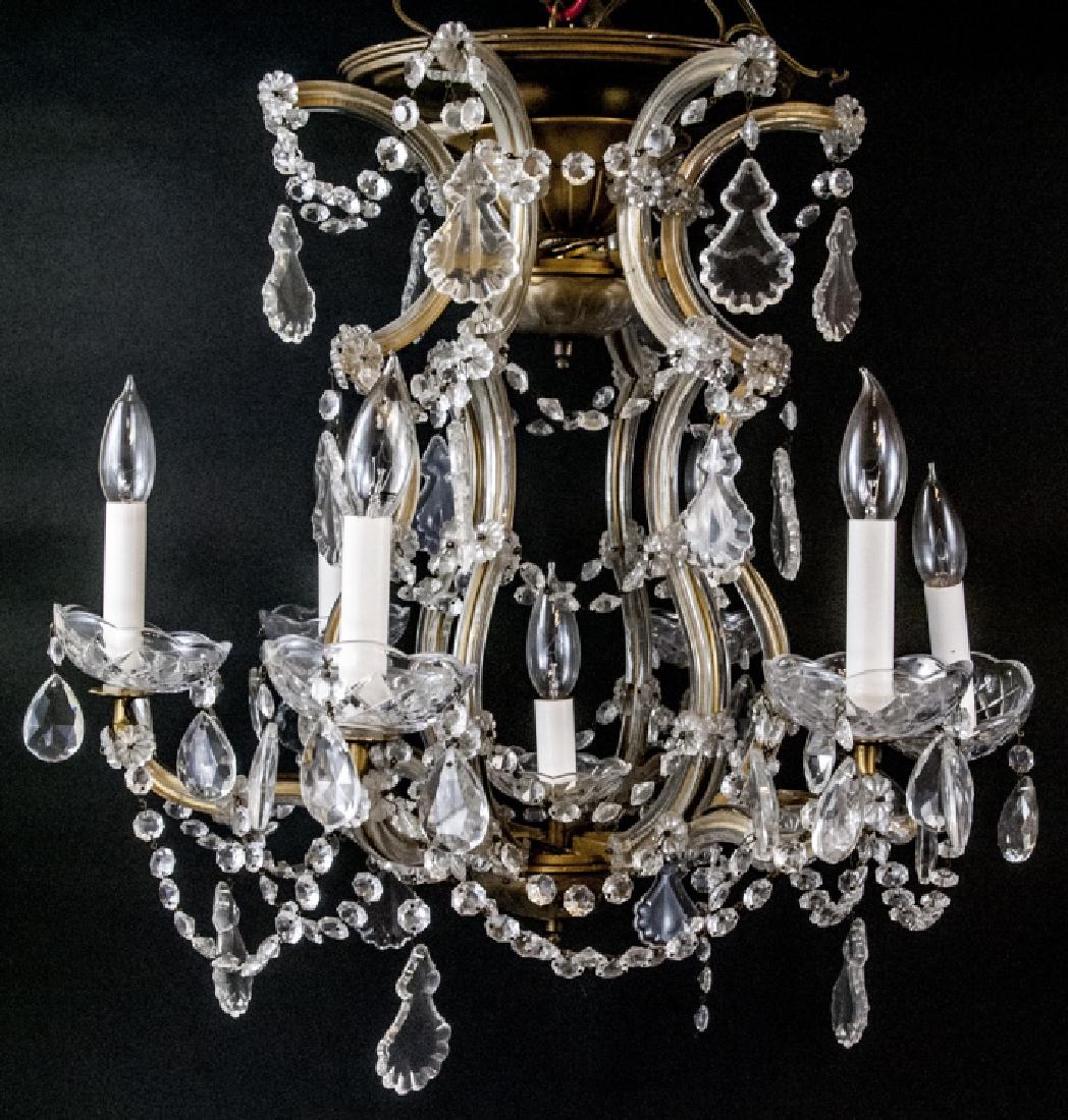 Venetian Style Six Arm Chandelier W Crystals: Venetian Style Six Arm Chandelier W Crystals. Having six arms and one central light, carriage form with crystals and rosettes. 20 inches x 23 inches in diameter. Property of a historic Hudson River Va