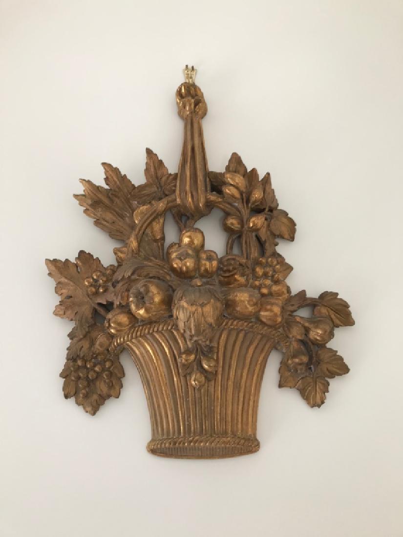 Pair of Gold Wall Plaques w Baskets of Fruit: Pair of Gold Wall Plaques w Baskets of Fruit Including Grapes. Property of a historic Hudson River Valley mansion. Measure 21 x 17 inches.