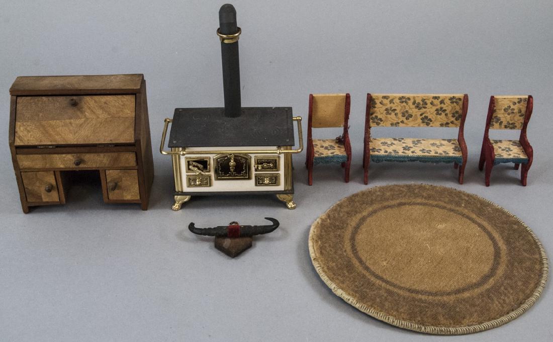 Antique & Vintage Dollhouse Miniature / Furniture: Antique & Vintage Dollhouse Miniature / Furniture. Including a stove, living room set, slant front desk, etc. Stove measures 4.75 inches in width.