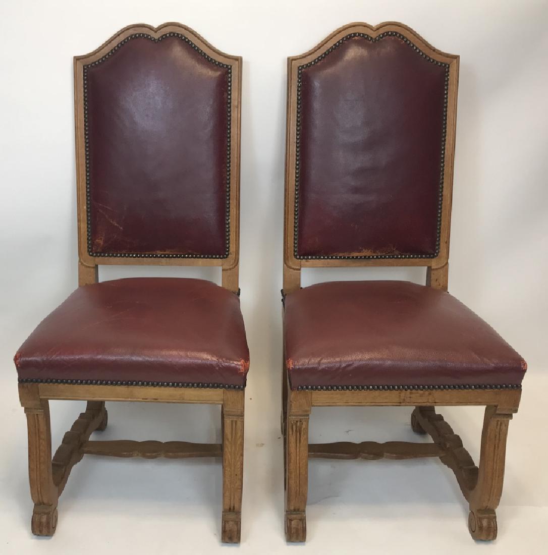 2 Arts and Crafts Period Leather & Oak Carved Chai (1 of 5)