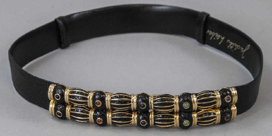 Judith Leiber Vintage Black Lizard Jeweled Belt: Judith Leiber Vintage Black Lizard Jeweled Belt. Adjustable to 37 inches. 1. 75 inches thick.