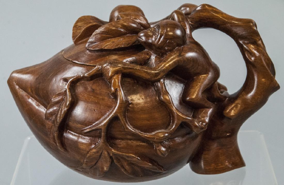 Chinese Hand Carved Hard Wood Teapot w Monkey (1 of 5)