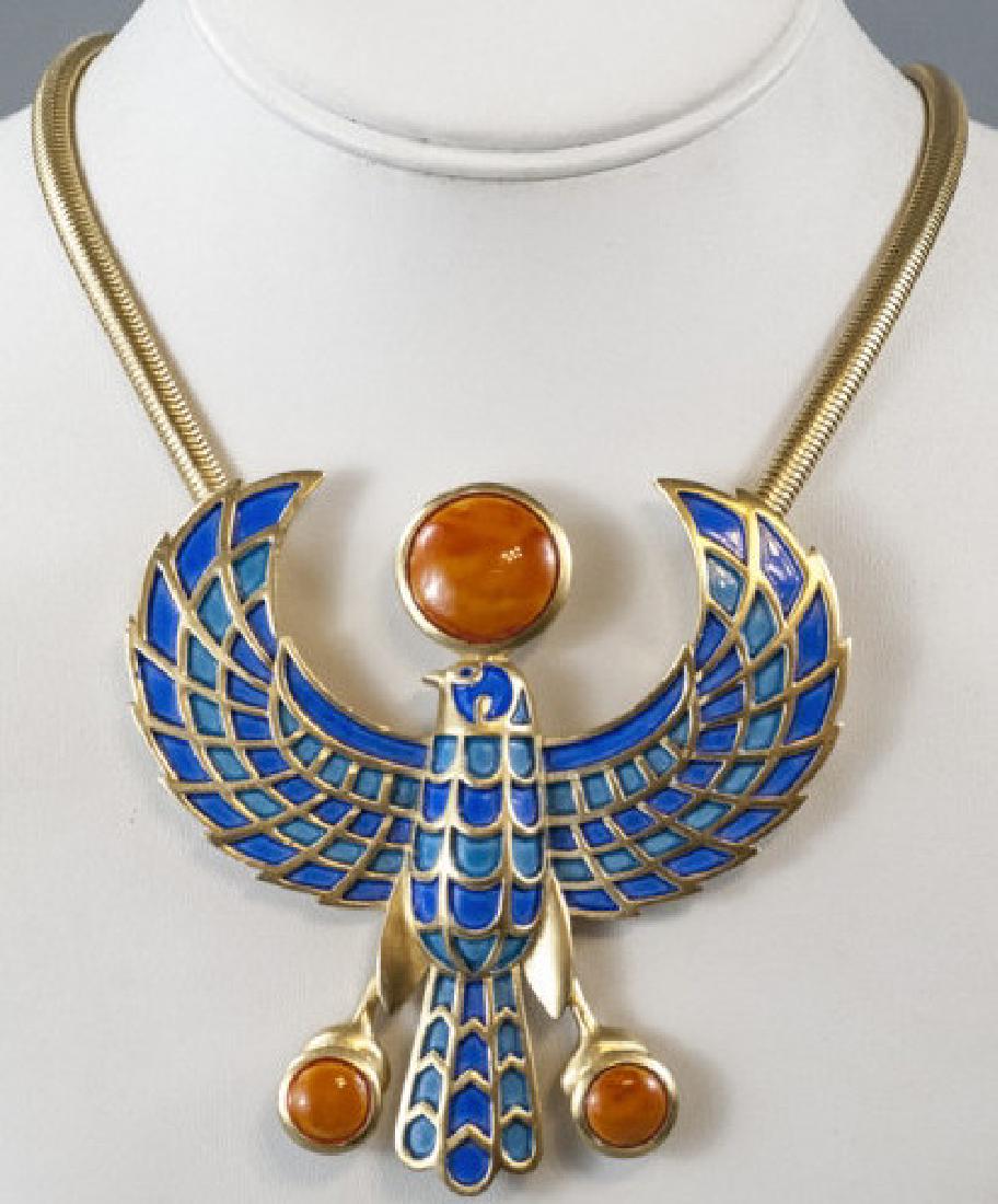 Trifari Egyptian Revival Gilt Metal Necklace: Trifari Egyptian Revival Gilt Metal Enamel Necklace. This necklace by Trifari having an Egyptial Revival style features gilt metal and enamel with large pendant that functions as a removable pin. Mark