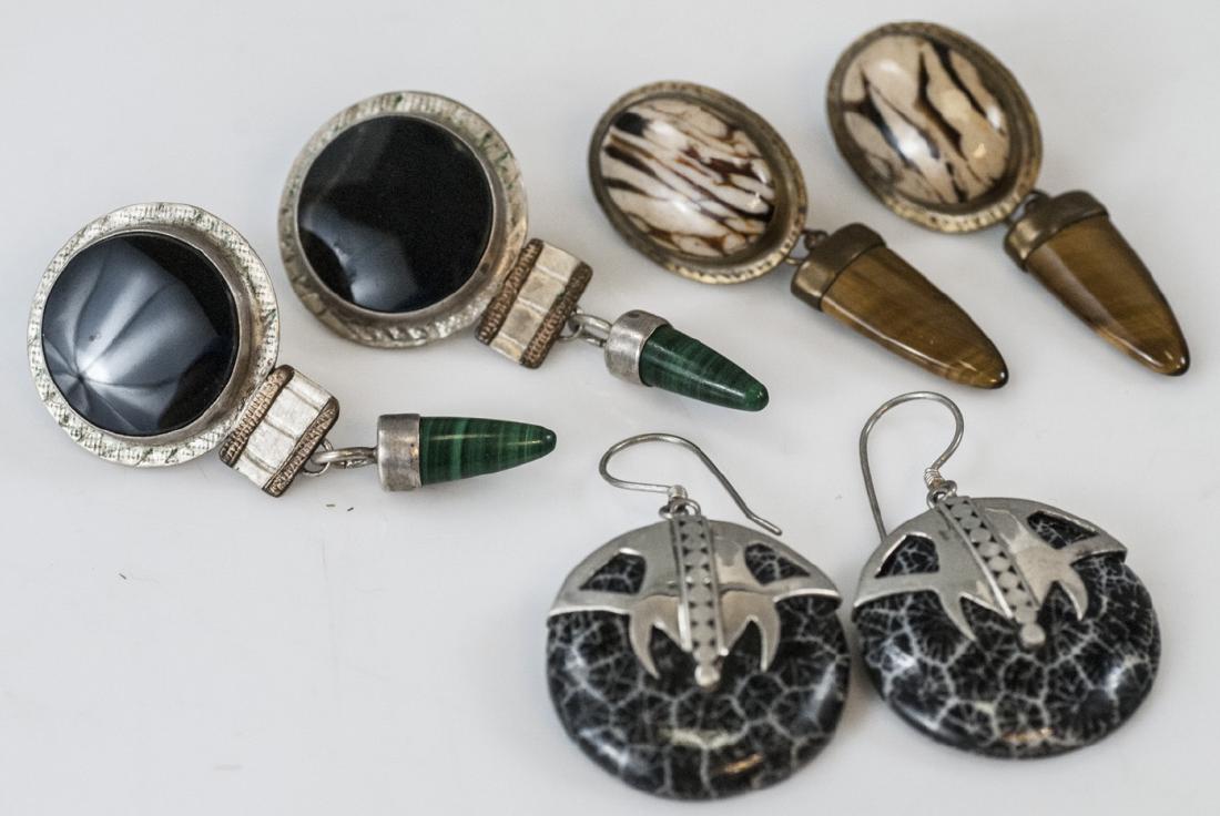 Three Pairs of Earrings - Native American & Signed: Three Pairs of Earrings - Native American & Signed. Including handmade and signed, agate, tiger's eye, malachite. Tiger's eye measure 1.75 inches in length.