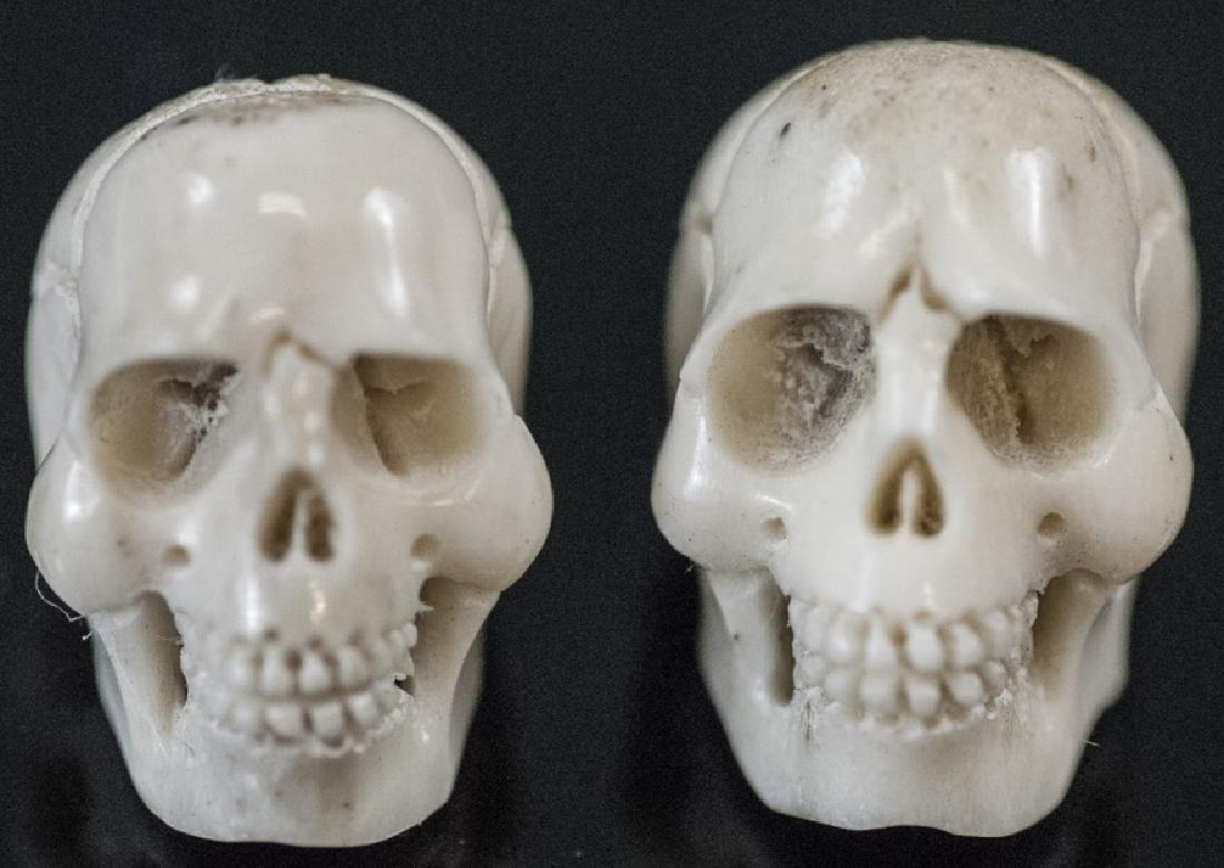 Pair Hand Carved Memento Mori Bone Skulls: Pair Hand Carved Memento Mori Bone Skulls for Jewelry Making. Each hand carved bone or horn and measures .75 of an inch.